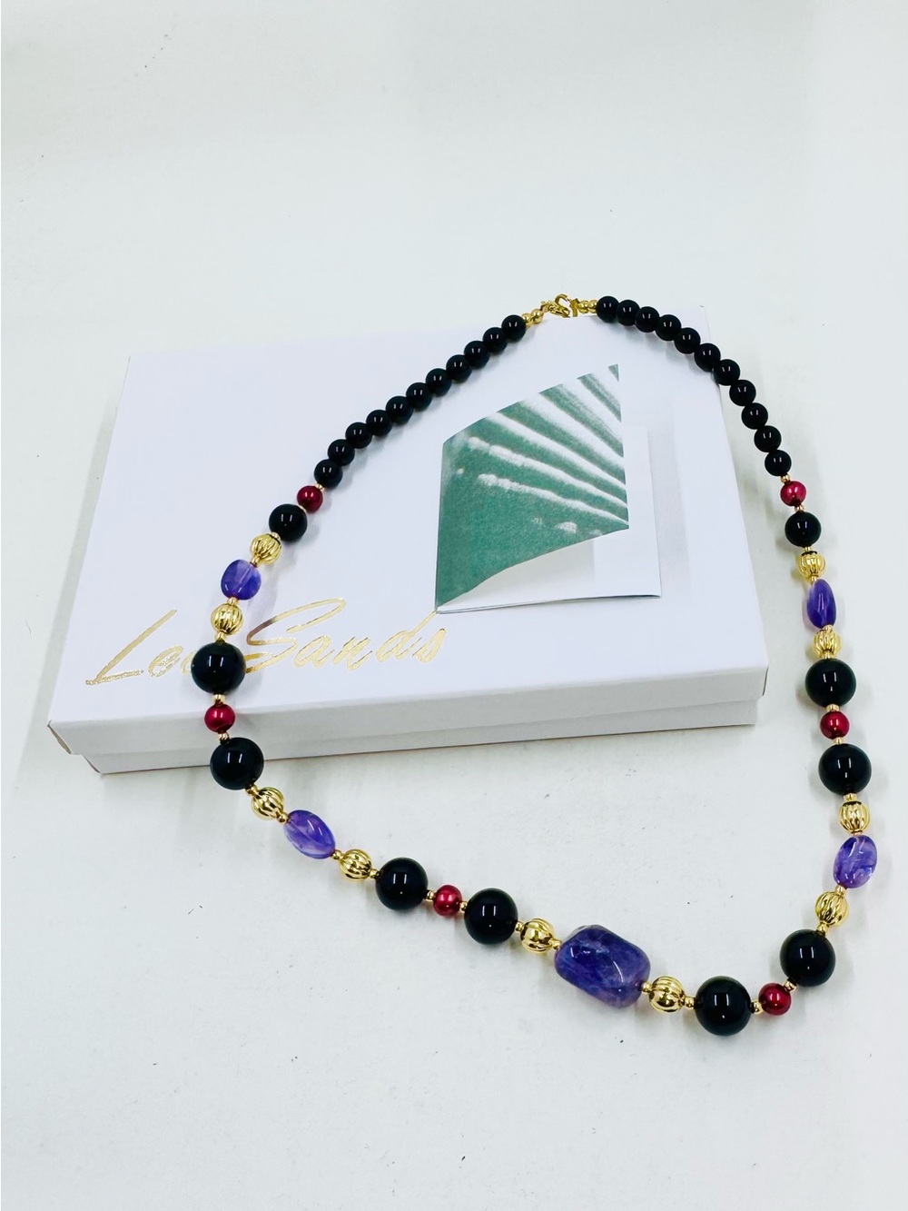 Lee Sanders Gold Tone Black Red & Amethyst Beaded Necklace 18” W/Box